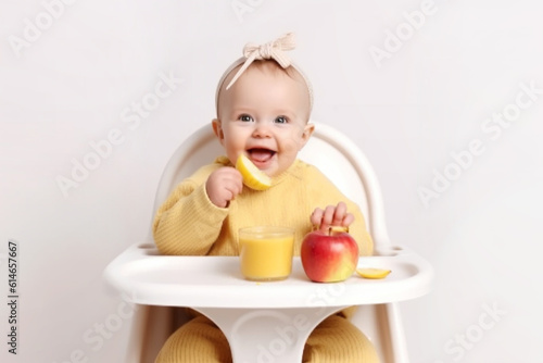 A happy child sits at a white children's table in a child seat and eats an apple. The concept of proper nutrition for children. Baby's first food. Generative AI