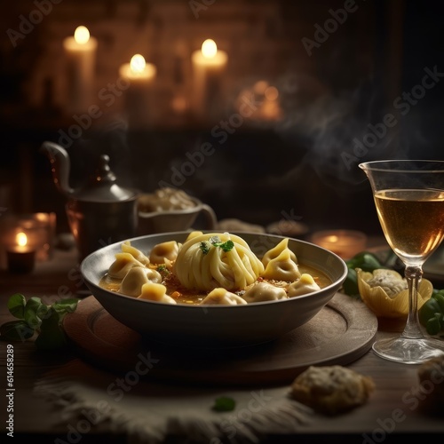 An artistic image of Tortellini in Brodo, focusing on the steam rising from the dish, surrounded by dim candlelight for added ambiance photo