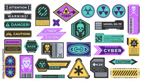 Cyberpunk decal. Warning label for security or warning, rerto-futuristic black stripe design with industrial attention and danger sign. Vector isolated set