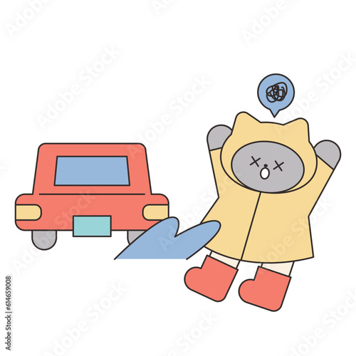 Rainy Day. Water is splashing on a cat in a raincoat as the car drives through a puddle. Simple illustration with outlines.