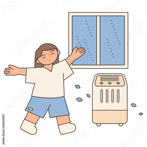 Rainy Day. A girl is having fun next to a dehumidifier on a rainy day. Simple illustration with outlines.