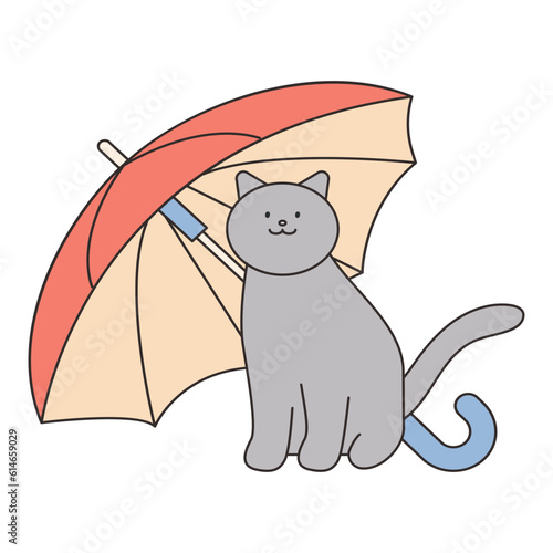Rainy Day. A stray cat is sitting under an umbrella. Simple illustration with outlines.