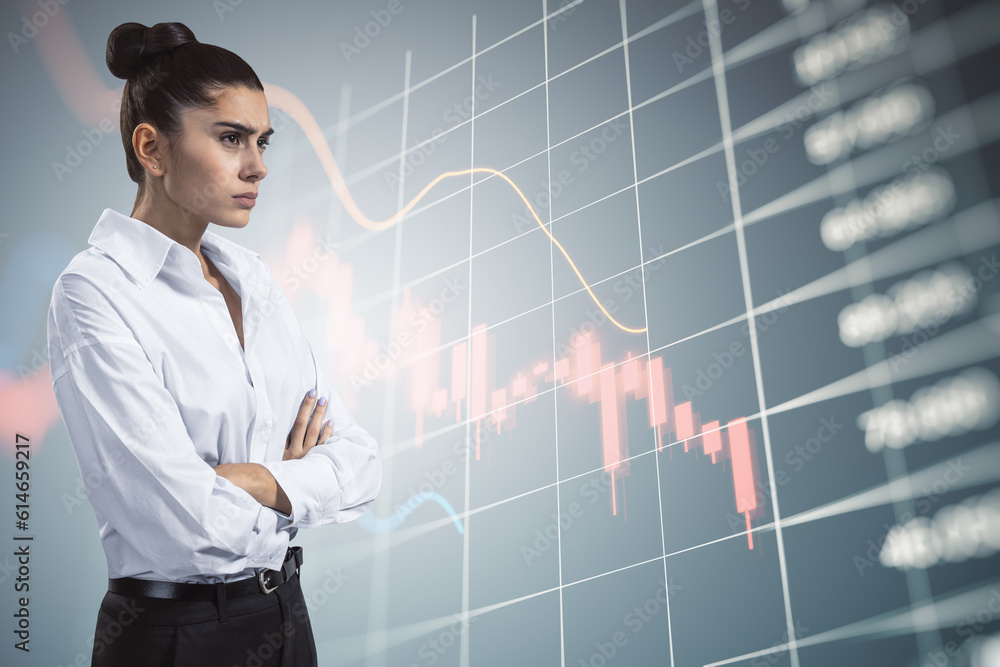 Inflation, business and stock market crash concept with confused woman crossing hands on virtual screen background with going down financial chart candlestick and blurred indicators Inflation, business and stock market crash concept with confused woman crossing hands on virtual screen background with going down financial chart candlestick and blurred indicators
