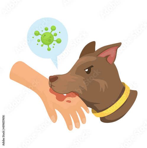 Dog Bites Hand Transmits Rabies Bacteria Virus. Animal Healthcare Symbol Cartoon illustration Vector