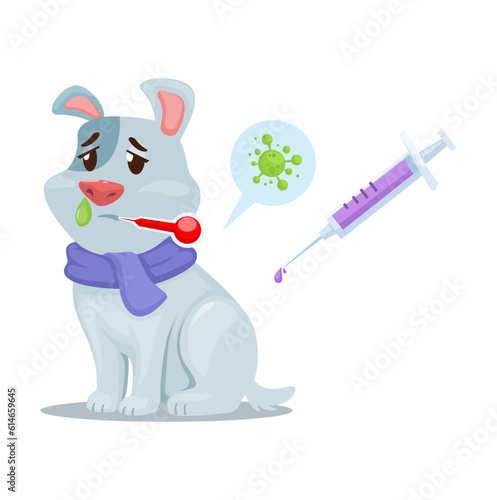 Sick Dog Infected With Virus Bacteria And Medicine Syringe. Animal Healthcare Symbol Cartoon Vector