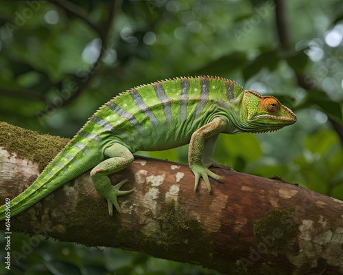 Chameleon Climbing Tree in Rainforest
