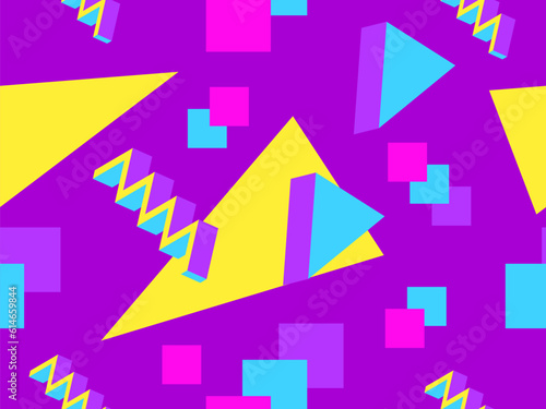 3D geometric seamless pattern in 80s style. 3d isometric triangles, zigzags and circles. Design for promotional products, wrapping paper and printing. Vector illustration