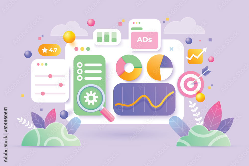 Online marketing, financial report chart, data analysis, and web development concept. SEO Optimization, web analytics and seo marketing social media concept. 3d vector illustration Online marketing, financial report chart, data analysis, and web development concept. SEO Optimization, web analytics and seo marketing social media concept. 3d vector illustration