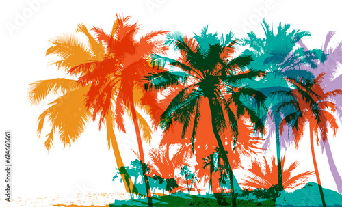 Palm tree silhouettes. Colorful tropical lanscape. Vector horisontal border.