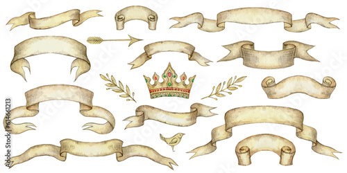 Watercolor vector set of banners and ribbons in vintage style.