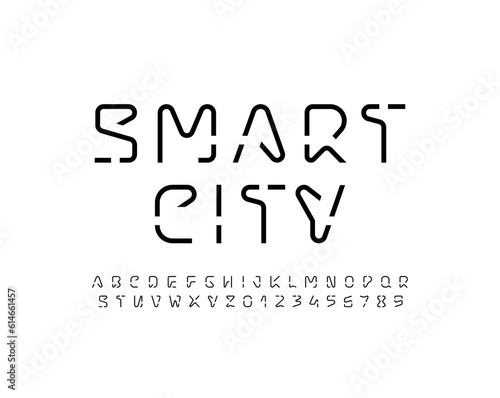 Technical smart font  digital alphabet  uppercase Latin letters from A to Z and Arab numbers from 0 to 9  vector illustration 10EPS