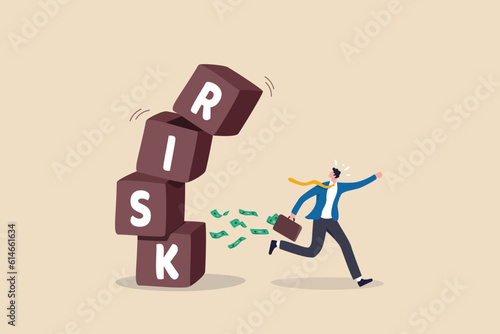 Risk averse, avoid or minimize risk, run away from uncertainty, fear or safety decision for investment, prefer security or stability concept, businessman investor run away from risk collapsing box. photo