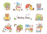 Rainy day. Cute animal anthropomorphic character. Simple flat design style illustration with outlines.