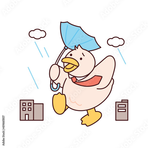 Rainy day. A duck worker was on his way to work when a strong wind overturned his umbrella. Simple flat design style illustration with outlines.