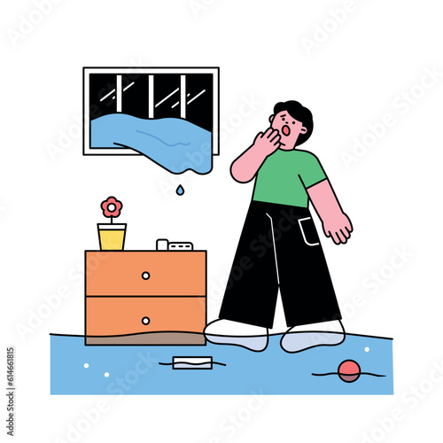 Rainy day. There is a flood and water is flooding into the house of a person who lives in an underground room. Simple flat design style illustration with outlines.