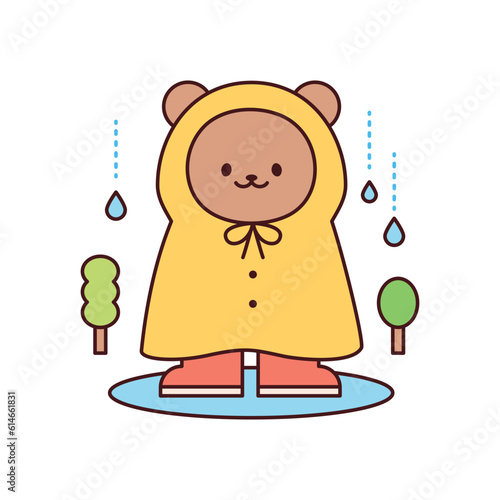 Rainy day. A baby bear is standing in a puddle wearing a raincoat. Simple flat design style illustration with outlines.
