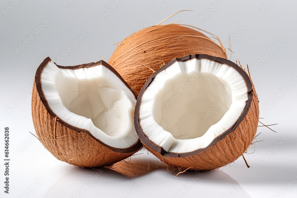 Coconut and Coconut half with coconut leaves on white background. Generative ai Coconut and Coconut half with coconut leaves on white background. Generative ai
