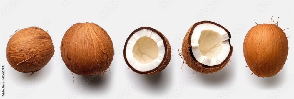 Top view of coconut, Set of fresh whole and half coconut and slices isolated on white background. Generative ai Top view of coconut, Set of fresh whole and half coconut and slices isolated on white background. Generative ai