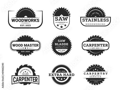 Circular saw carpentry logo. Industrial saw blade silhouettes for logo design, carpentry professional service and cutting wood equipment symbols. Vector isolated