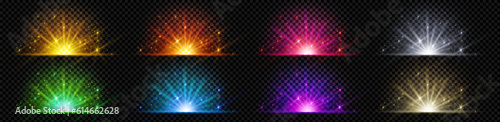 Color explode glow with light ray and shine vector effect. Magic burst beam with flare and sparkle powder. Miracle night energy isolated glimmer png. Different illuminated festive glare explosion