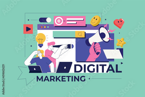 Trendy Illustration of Digital marketing concept. Social network and media communication. SEO, SEM and promotion. Vector Illustration