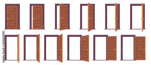 Open door sequence. Cartoon steps for animation of entrance and exit through door, white frames for sprite game asset. Vector isolated set