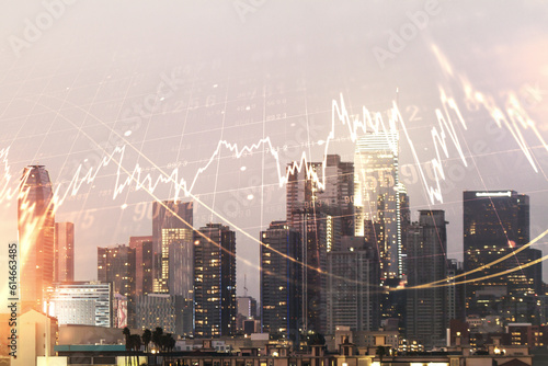 Abstract virtual financial graph hologram on Los Angeles skyline background, forex and investment concept. Multiexposure