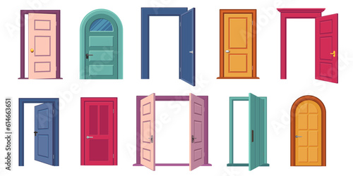Open and closed door collection. Cartoon entrance and exit doors with handles and frames, home exterior architecture concept. Vector set photo