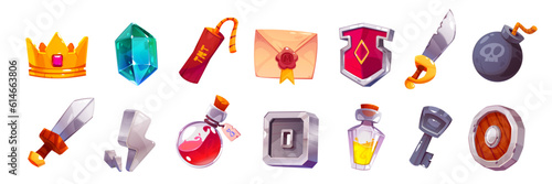 Cartoon set of pirate adventure game props isolated on white background. Vector illustration of royal crown, diamond, tnt bomb, sword, shield, glass bottles with poison elixir, old envelope, key icons