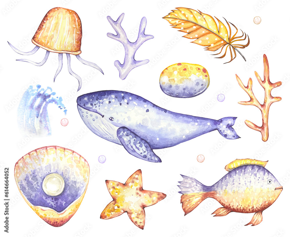 Sea set with a whale, algae, jellyfish, shells, fish, in purple and yellow tones, watercolor Sea set with a whale, algae, jellyfish, shells, fish, in purple and yellow tones, watercolor