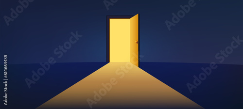 Open door concept. Waiting room lobby entrance with gate and corridor, welcome home entrance concept. Vector illustration