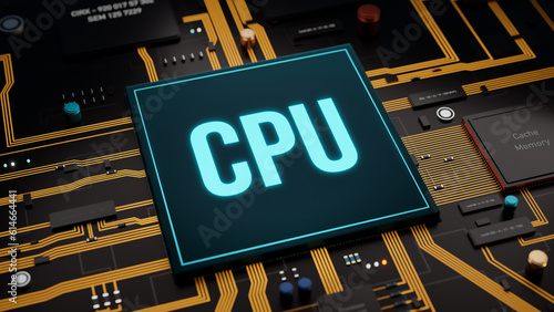 CPU on the computer motherboard. Close-up main processor with transistor, inductor, relays and random access memory. Computer technology and integrated circuit concept. 3D illustration