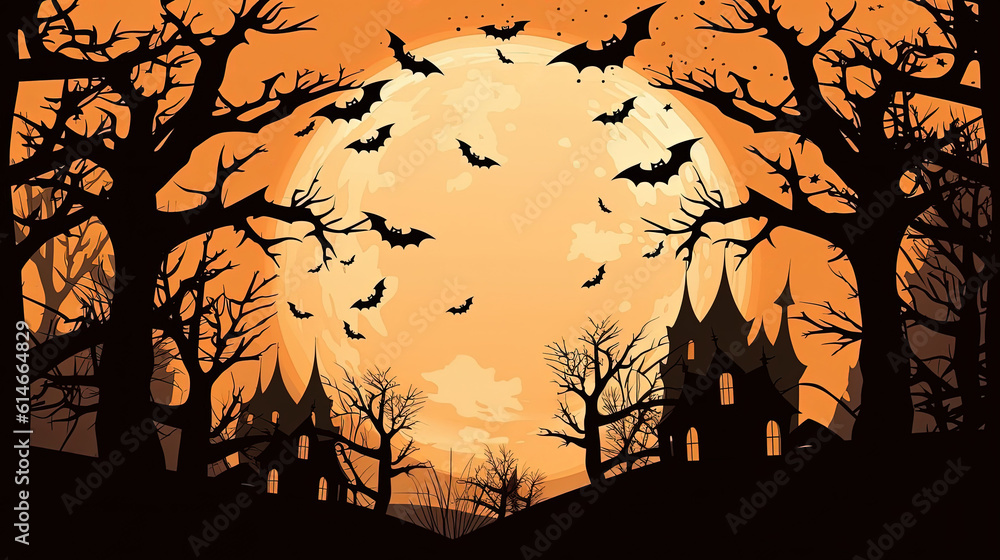 Illustration of Happy Halloween background, silhouettes of trees, houses, bats and pumpkins on orange background, minimal concept, copy space. 