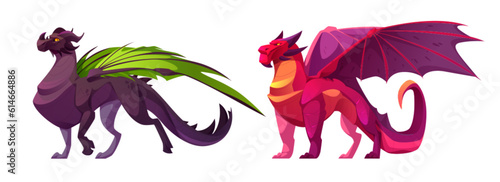 Magic fantasy dragon set for fairy tale game cartoon illustration. Isolated fly monster character clipart asset with wings in brown, green and pink. Ancient mythical dinosaur drawing collection