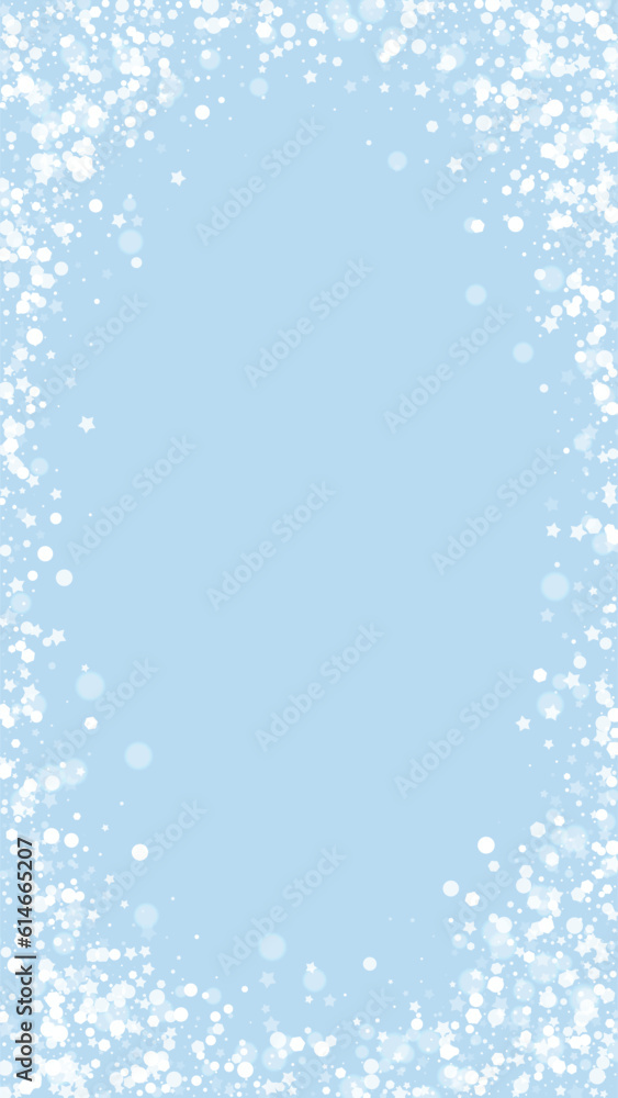 Beautiful snowfall christmas background. Subtle flying snow flakes and stars on light blue winter backdrop. Beautiful snowfall overlay template. Vertical vector illustration. Beautiful snowfall christmas background. Subtle flying snow flakes and stars on light blue winter backdrop. Beautiful snowfall overlay template. Vertical vector illustration.
