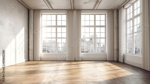 Empty room interior with big windows, wooden floor and white walls, mockup, interior design template, generative ai