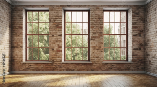 Empty room interior with big windows  brick walls  and wooden floor  mockup  interior design template  generative ai