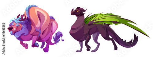 Magic fantasy dragon set for fairy tale game cartoon illustration. Isolated fly monster character clipart asset with wings in brown, green and pink. Ancient mythical dinosaur drawing collection