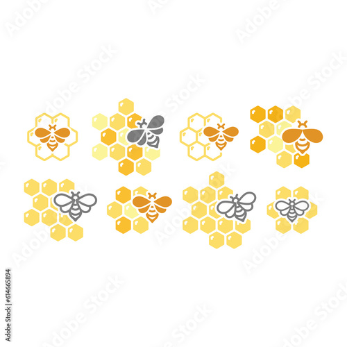 Honeycomb and bee colorful vector icon set. Hexagon honey cell or comb and honeybee icons.