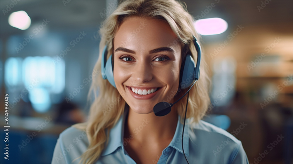 Portrait of a smiling call center employee wearing headphones . generative AI Portrait of a smiling call center employee wearing headphones . generative AI