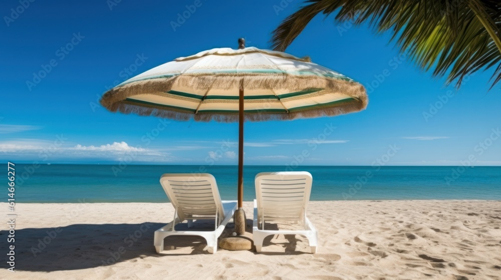 lounge chairs and umbrella on the tropic beach . generative AI