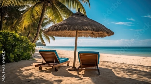 lounge chairs and umbrella on the beach in Goa . generative AI © Roman