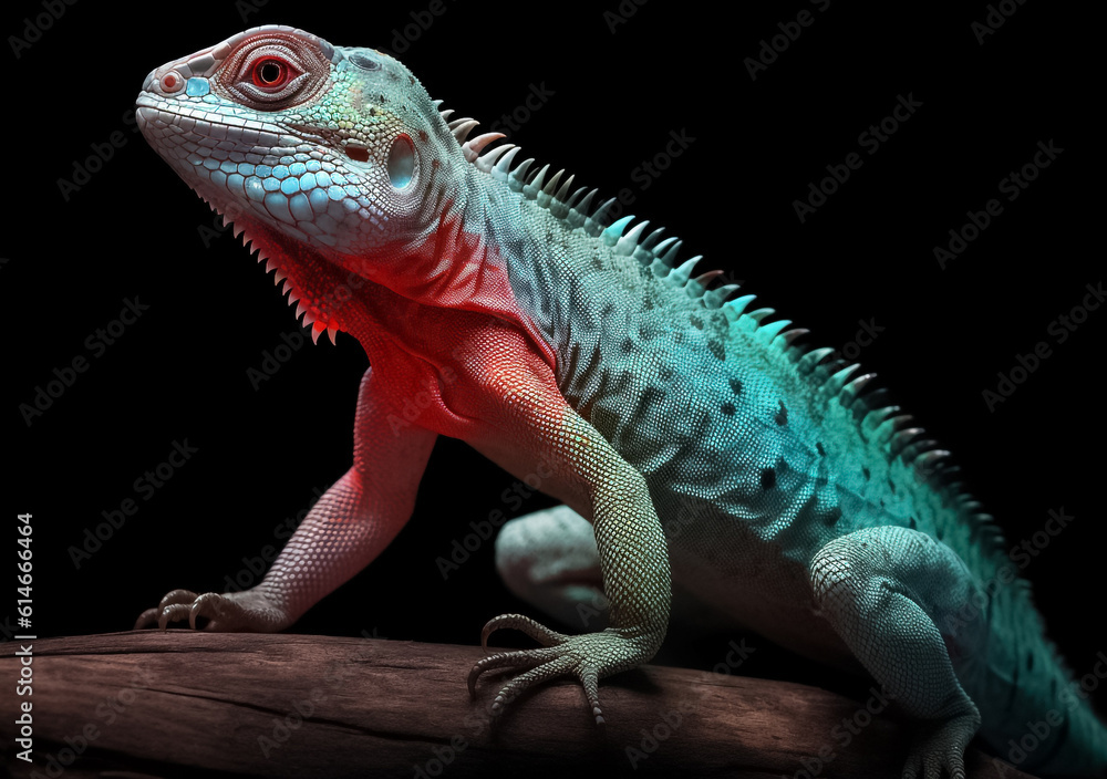 Fototapeta premium beauty of an iguana lizard up close, with its skin boasting a fantasy-inspired palette and a textured pattern that seems straight out of a surreal dream. Generative AI.