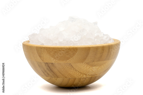 Lemon salt or Citric acid isolated on white background. Citric acid or lemon salt in wooden bowl