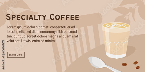 Specialty Coffee web banner with glass of milk latte, coffee beans and teaspoon. Horizontal poster with cafe scene and cappuccino. Vintage coffee shop template design. Vector flat illustration.