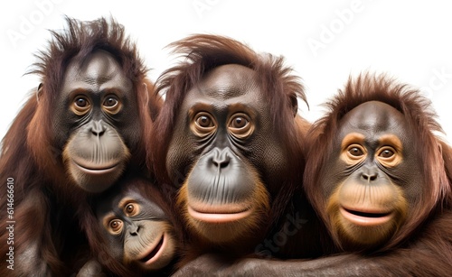Cheerful group of orangutans on a white background. Generative AI.