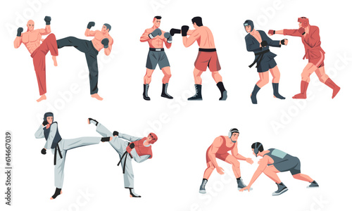 Sparring. Martial arts competitive characters fighting, boxing and training, muscular athletes in fight stance combat workout cartoon style. Vector set