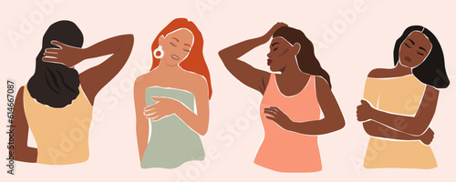 Contemporary abstract images of silhouettes of relax women loving themselves with beautiful body and hair. Vector graphics.