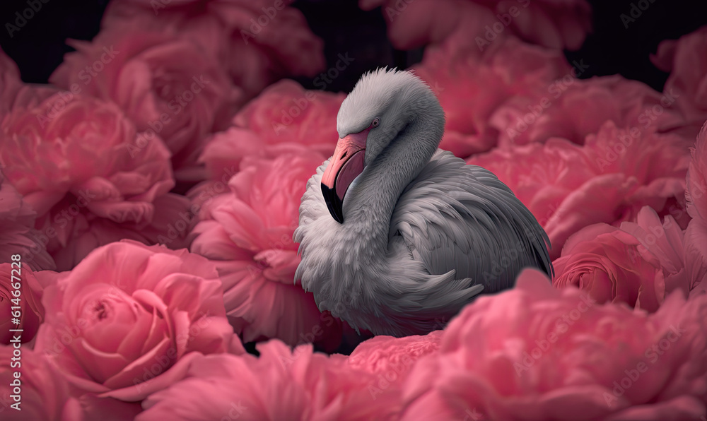 Fototapeta premium Flamingo amidst pink flowers. Generative AI image.