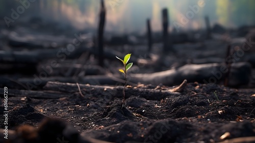 The close-up of young green sprout after fire.